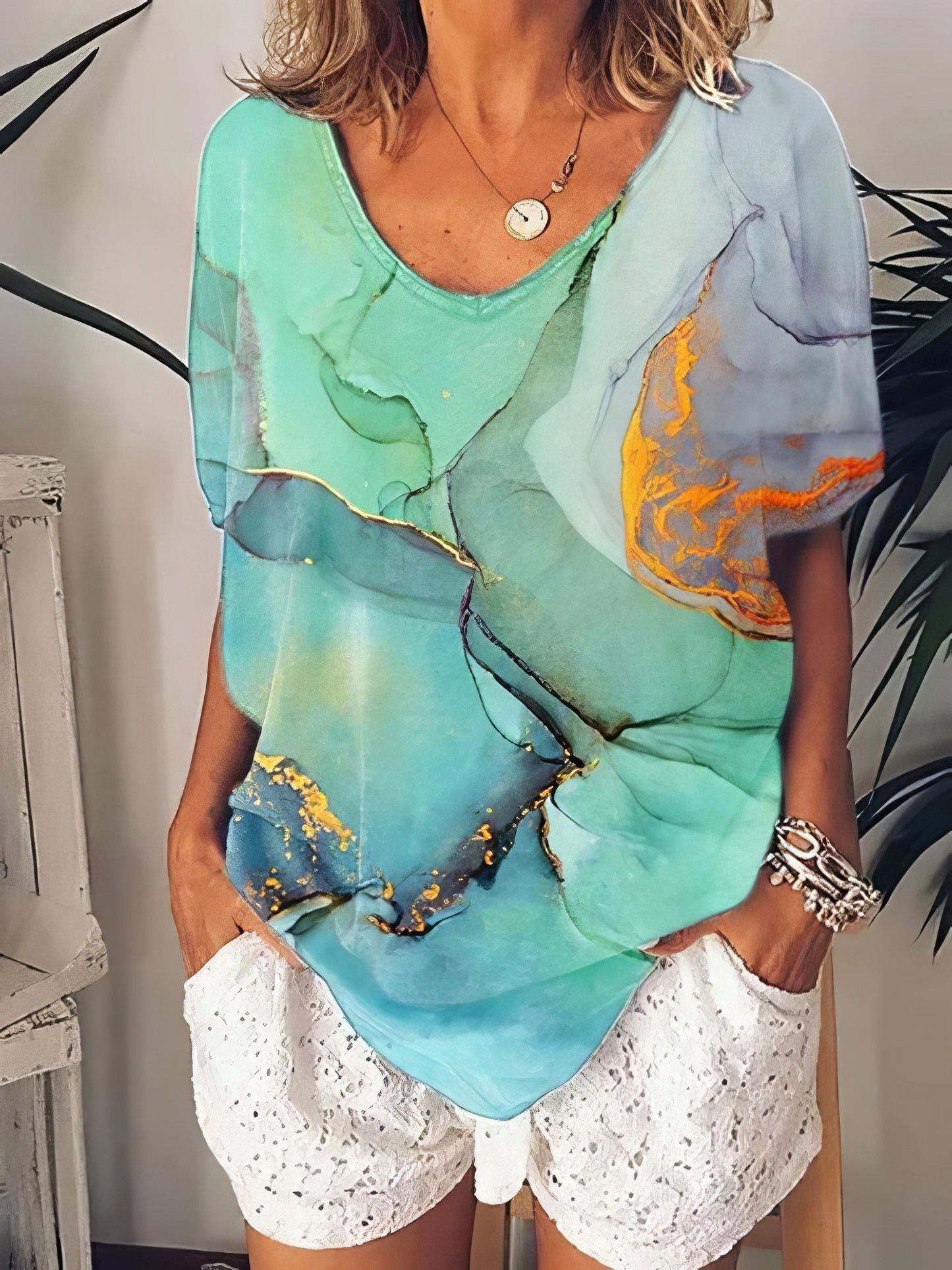 Women Color Printed Scoop Neck Short Sleeve T-shirt - LuckyFash™