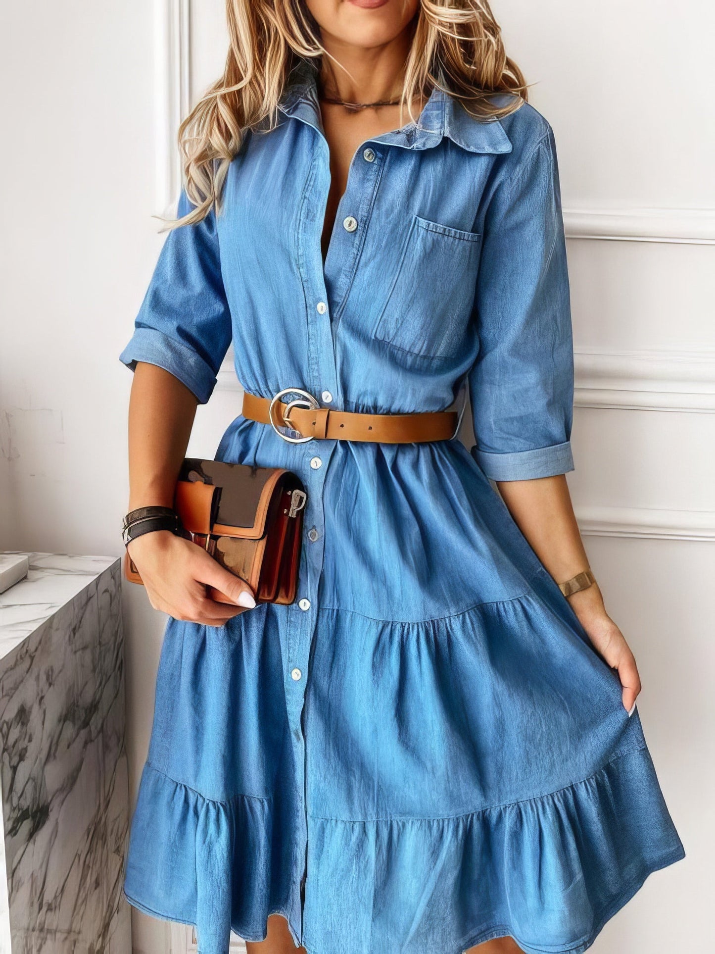 Dresses Lapel Button Pocket Denim Shirt Dress - LuckyFash™