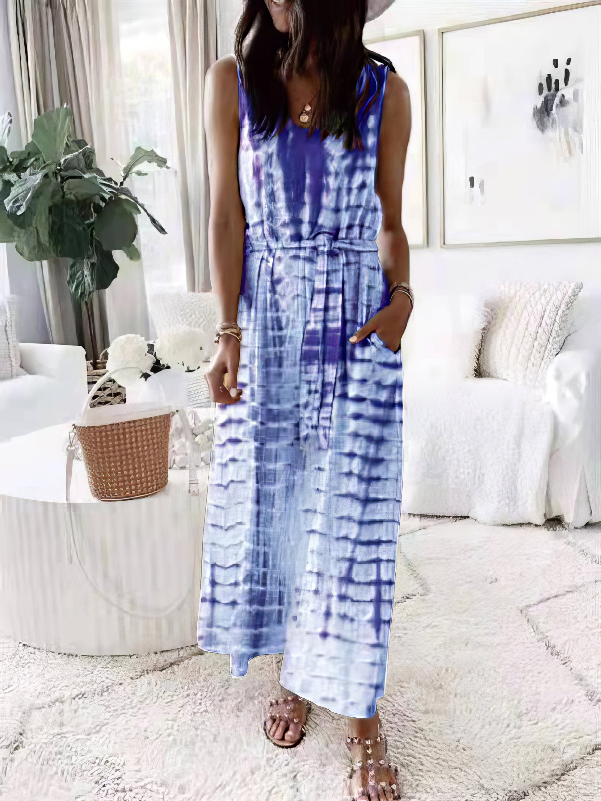 Dresses Loose Print Belted Pocket Sleeveless Dress - LuckyFash™
