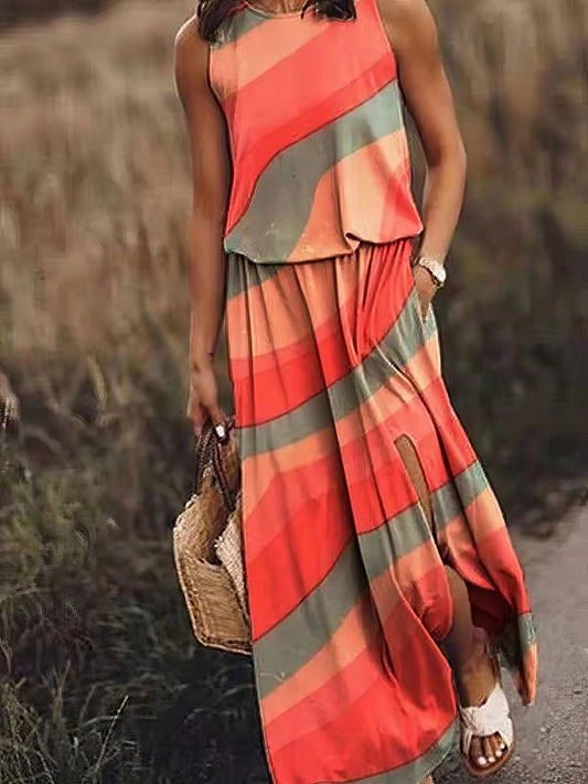Dresses Multicolor Print Sleeveless Slit Dress - LuckyFash™