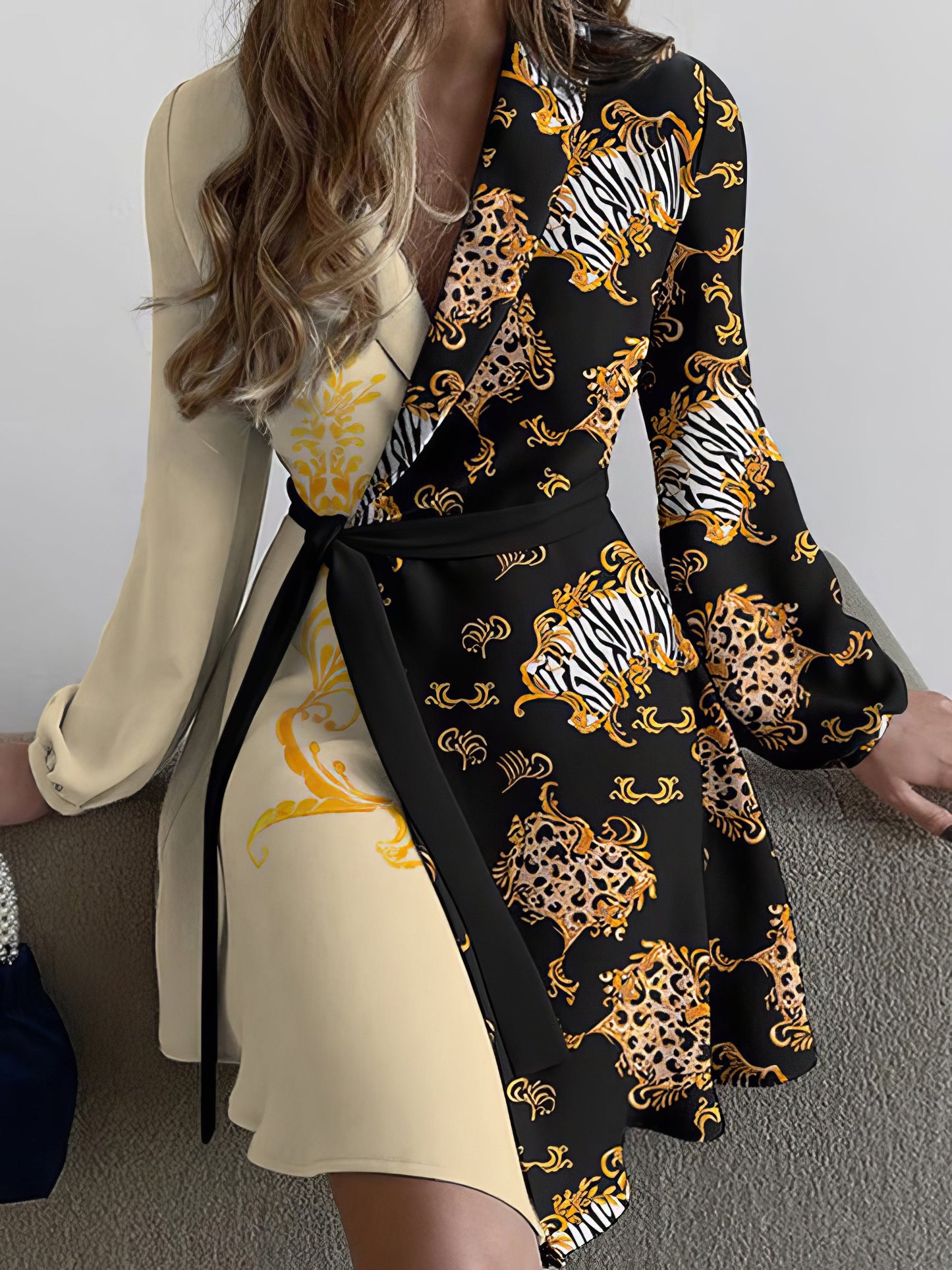 Dresses Lapel Print Lace-Up Long Sleeve Dress - LuckyFash™