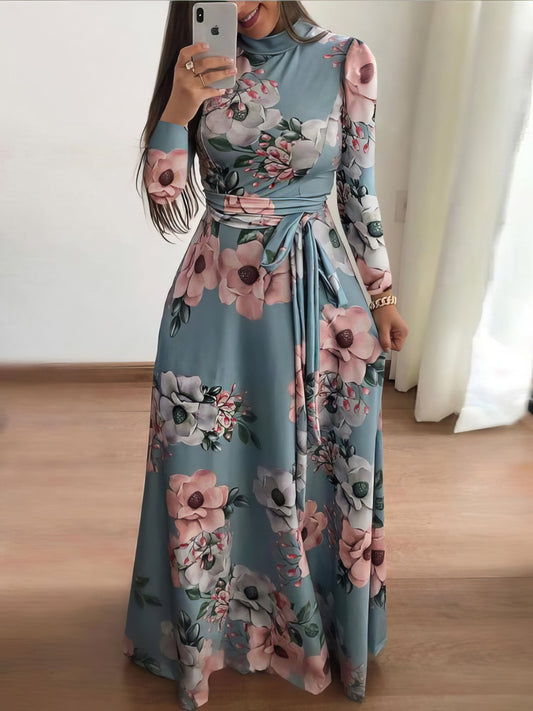 Dresses High Neck Floral Print Tie Long Sleeve Dress - LuckyFash™