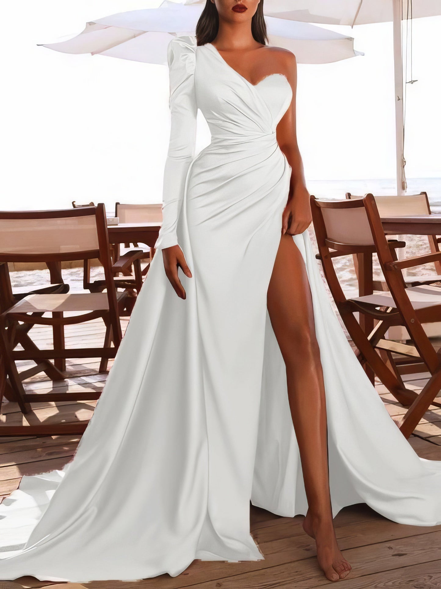 Dresses Long Sleeve One Shoulder High Slit Party Evening Dress - LuckyFash™