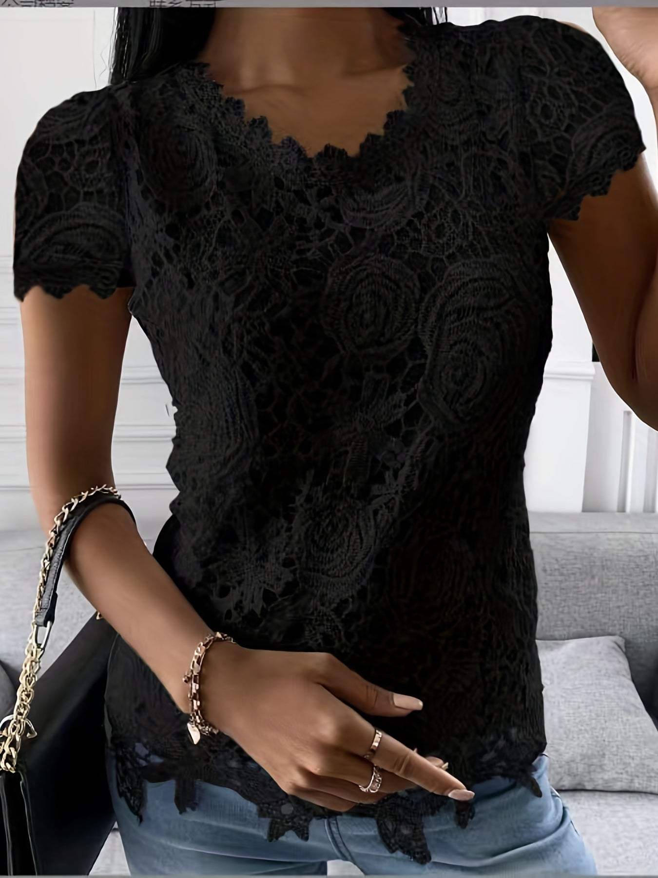 Lace Crew Neck T-Shirt, Elegant Short Sleeve T-Shirt For Spring & Summer, Women's Clothing