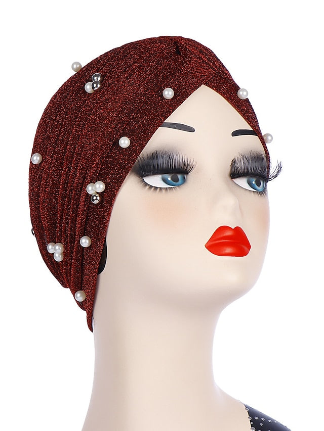 Fashion Women Turban Gold Shiny Hat for Lady Pearl Beading Bright Hat Indian Style Muslim Thin Head Wraps - LuckyFash™