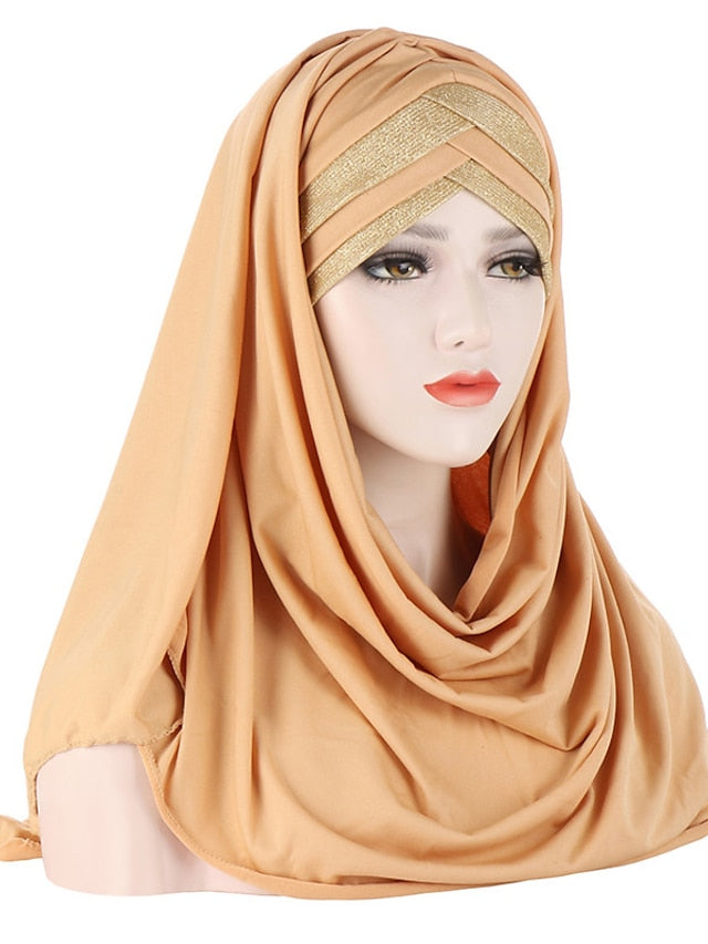 Forehead Cross Hair Wrap Scarf Solid Color Glitter Sequins Jersey Hijabs Muslim Headband Women Turban Hair Cap Headscarf - LuckyFash™