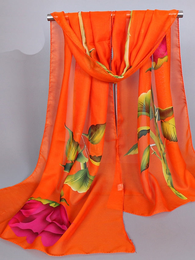 Women's Chiffon Scarf Wedding Black Scarf Floral Pink Fall Spring Print Polyester - LuckyFash™