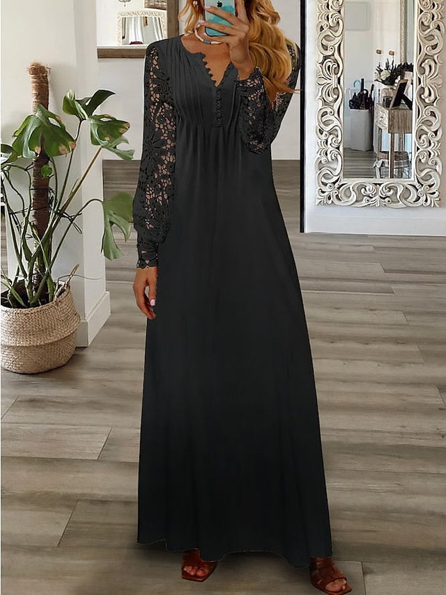 Women's Floral Butterfly Lace Dress Long Dress Maxi Dress Casual Dress A Line Dress Fashion Streetwear Outdoor Daily Going out Print Long Sleeve V Neck Dress Regular Fit Light Yellow Black White - LuckyFash™