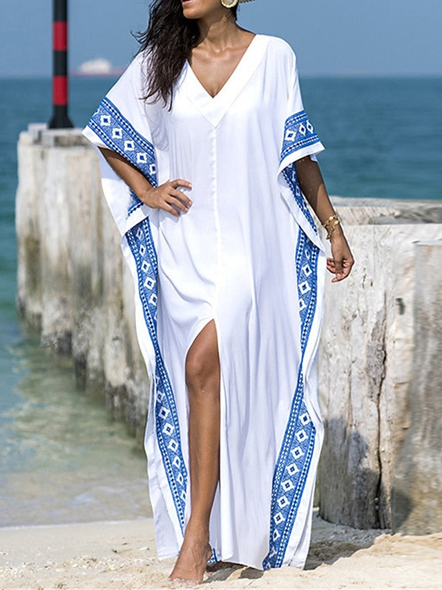 Women's Kaftan Dress Cover Up Beach Wear Long Dress Maxi Dress Split Print Basic Casual Geometric V Neck Half Sleeve Loose Fit Outdoor Daily White 2023 Summer Spring One Size - LuckyFash™