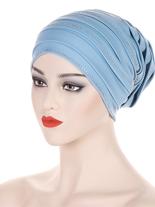 Rhinestones Women's Pleated Turban Cap African Hat Muslim Headscarf Bonnet Ladies Head Wraps - LuckyFash™