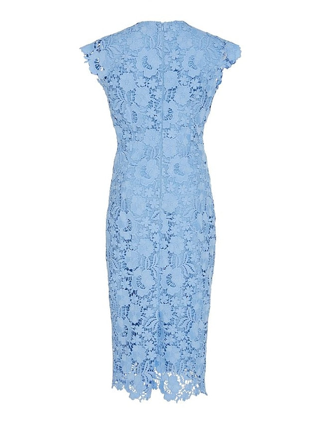 Women‘s Lace Dress Sheath Dress Midi Dress Blue Short Sleeve Solid Color Lace Spring Summer Round Neck Classic & Timeless Party 2023 S M L XL - LuckyFash™
