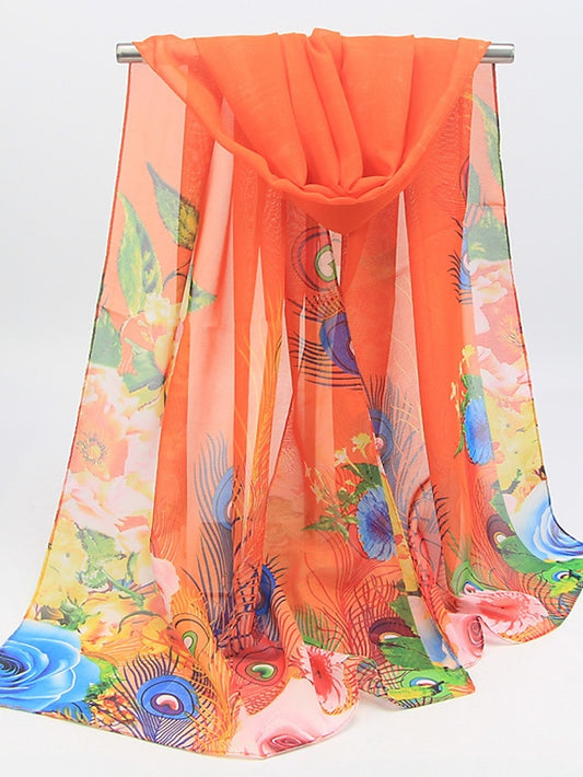 Ladies Peacock Feather Print Chiffon Silk Scarf Sun Protection Beach Towel Shawl - LuckyFash™