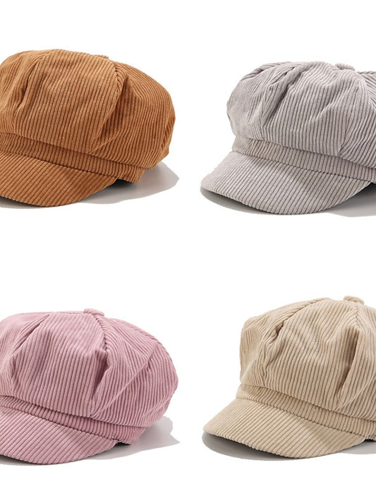 1PCS Solid Color Women Beret Spring Autumn Newsboy Hat Vintage Corduroy Elasticity Peaked Cap Painter Hat - LuckyFash™