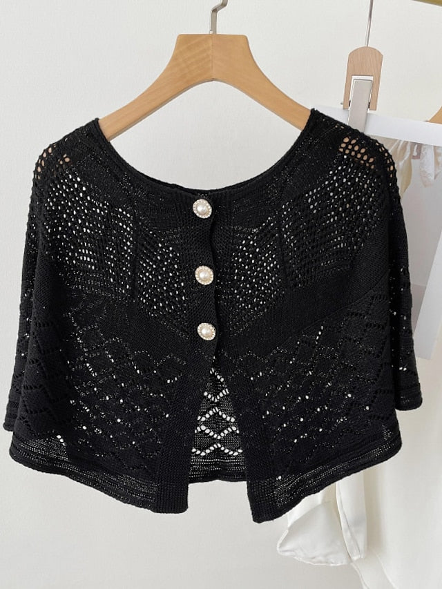 Solid Color Knitted Hollow Shawl Women's Summer Air-conditioned Elegant Vest with Pearl Button Womens Cape Sunscreen Fake Collar - LuckyFash™