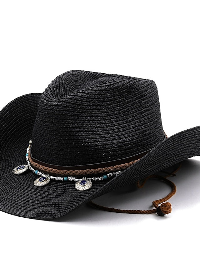 Black White Cowboy Hat Panama Jazz Straw Hat Summer Vacation Beach Hat Women Men Fashion Outdoor Sun Hat - LuckyFash™