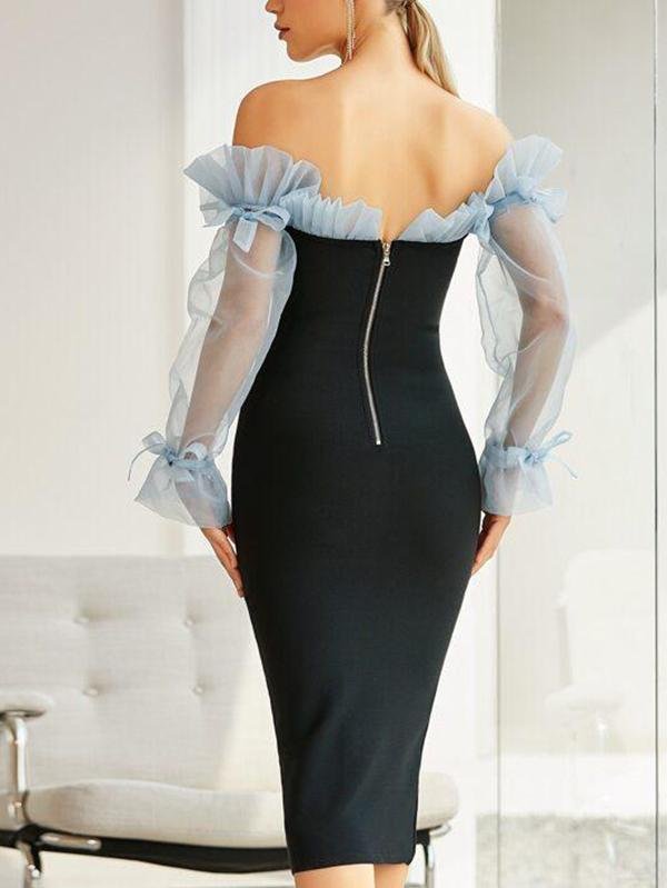 Bell Sleeve Ruffle Mesh Colorblock Bodycon Dress - LuckyFash™