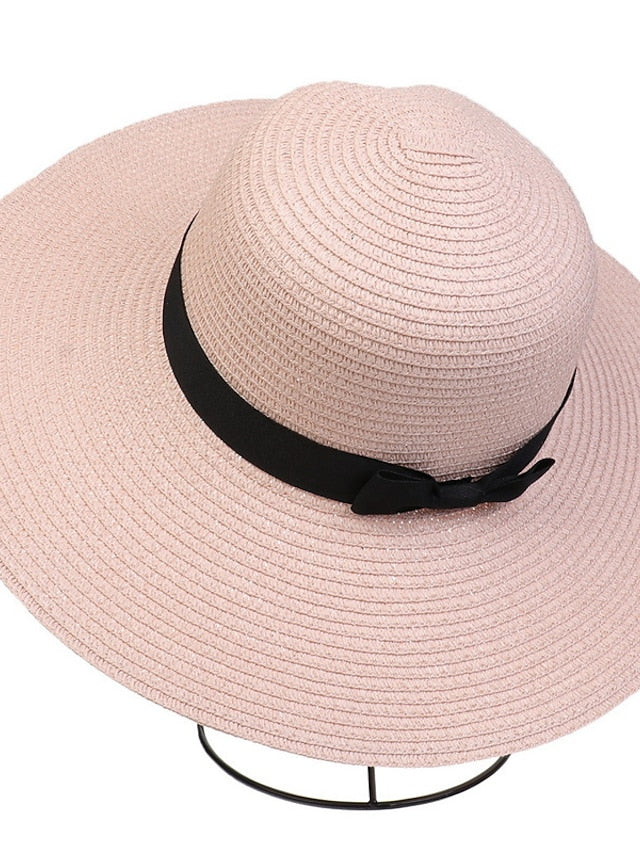 Hat Straw Hat Black Pink Khaki Outdoor Daily Holiday Braided Bow Pure Color Portable Sun Protection Breathable for Women - LuckyFash™