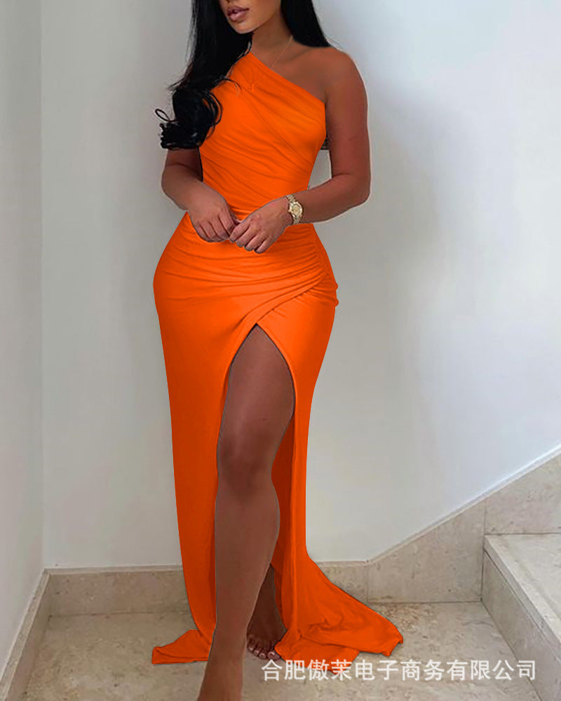 Dresses Sloping Shoulder Slit Slim Dress - LuckyFash™