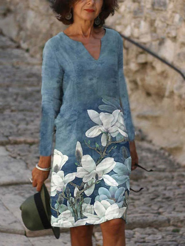 Women‘s A Line Dress Knee Length Dress White Yellow Pink Long Sleeve Floral Print Winter Fall Autumn V Neck Casual Winter Dress Fall Dress 2023 S M L XL XXL 3XL - LuckyFash™