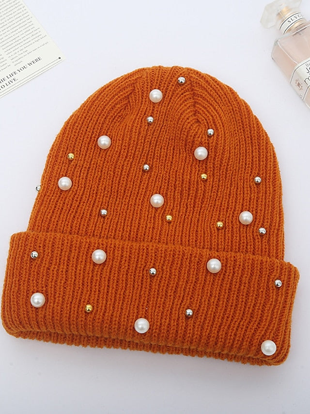 Women's Hat Beanie / Slouchy Black Blue Pink Outdoor Street Dailywear Beaded Knit Pure Color Comfort Warm Breathable - LuckyFash™