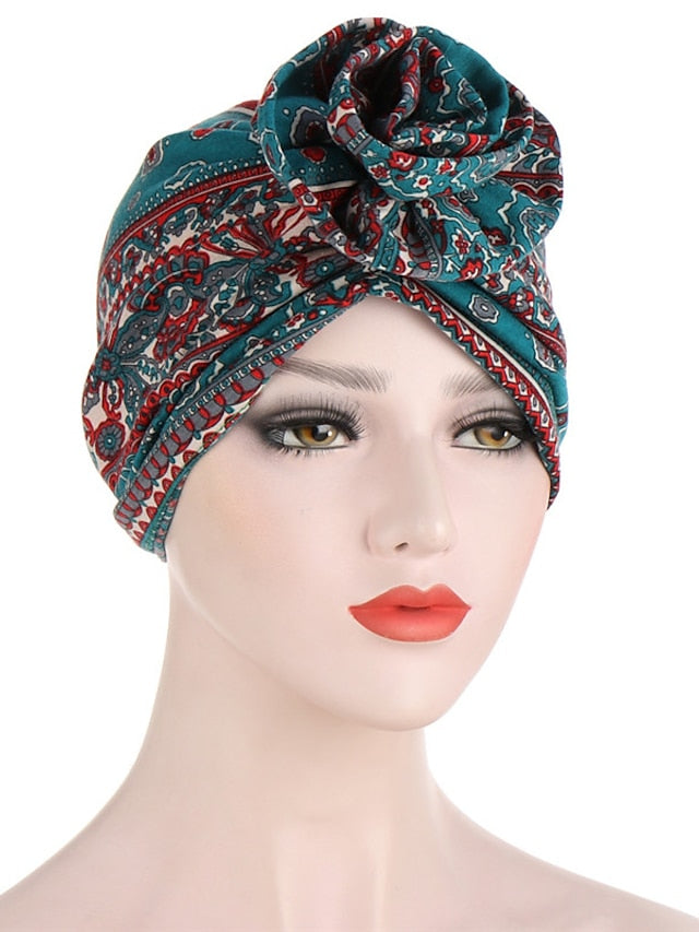 Ethnic Plaid Pattern Cashew Print Big Flower Headscarf Bonnet Women Turban Hat Turbante Femme Musulman India Hat Islamic Head Wrap Turban for Women - LuckyFash™