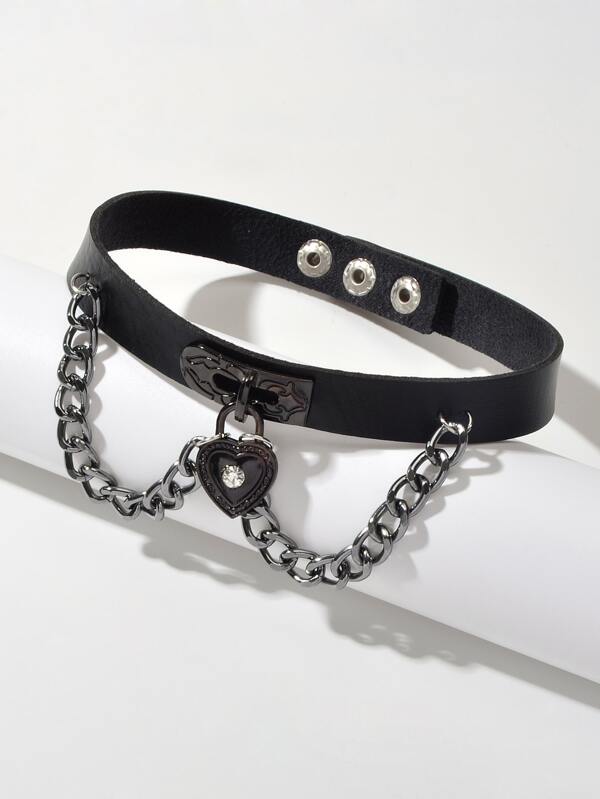 Black Gothic Ajustable Pu Leather Choker Collar Necklace With Heart Pendant - LuckyFash™