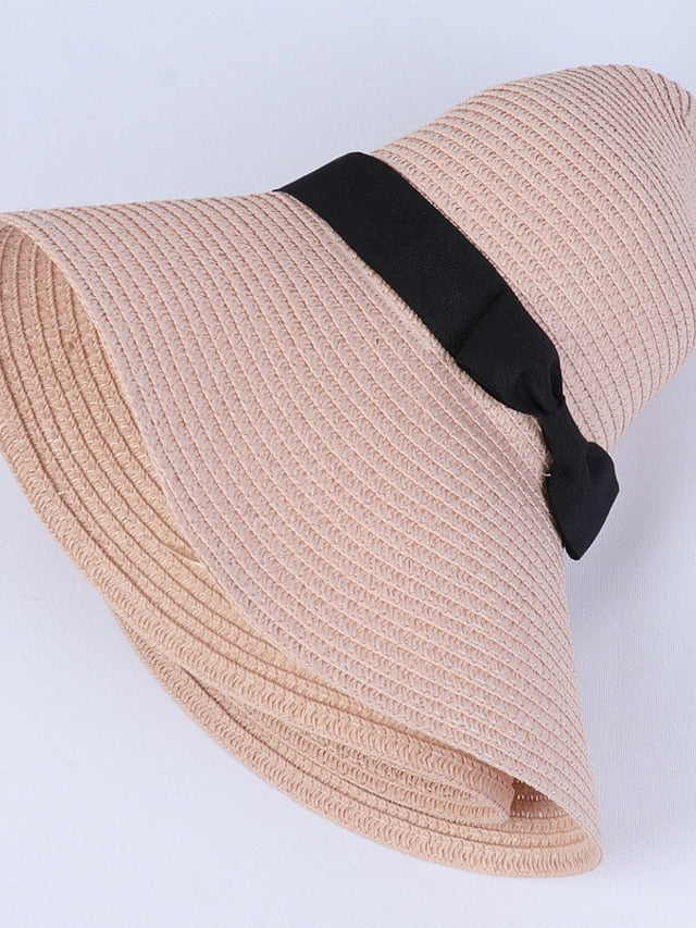 Hat Straw Hat Black Pink Khaki Outdoor Daily Holiday Braided Bow Pure Color Portable Sun Protection Breathable for Women - LuckyFash™
