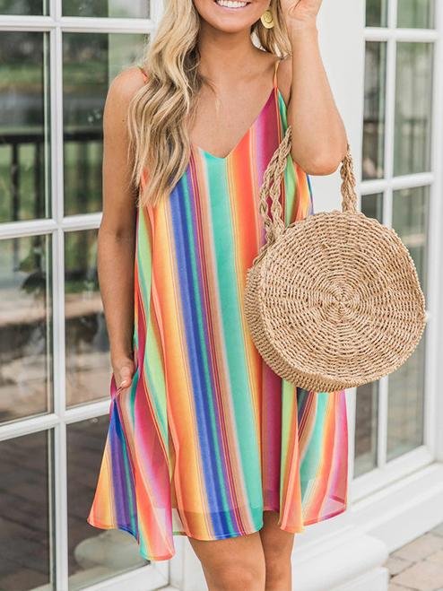 Bohemian Multicolor Striped Chiffon Sleeveless Sling Beach Short Dress - LuckyFash™