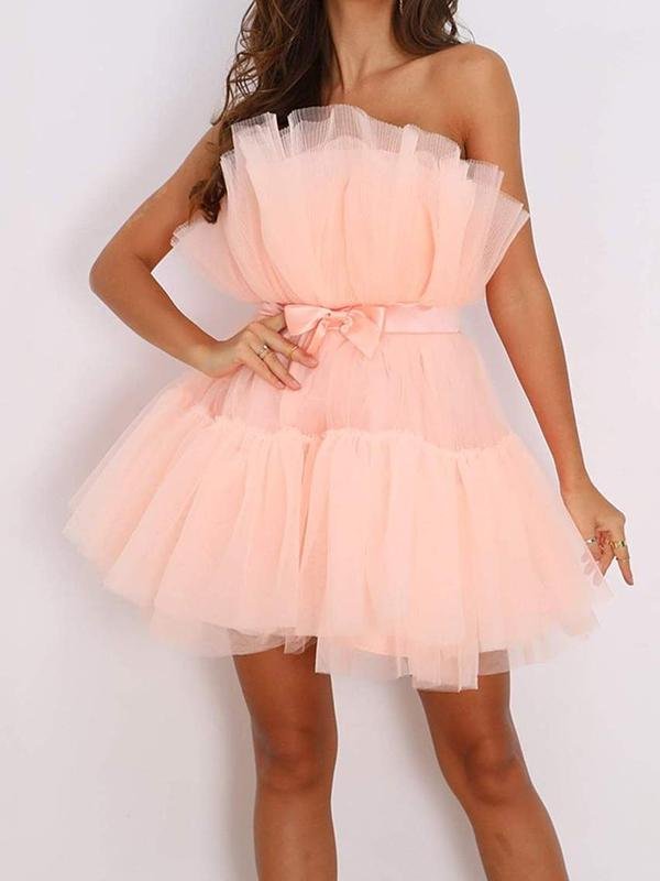 Bow Front Layered Mesh Tube Dress - LuckyFash™
