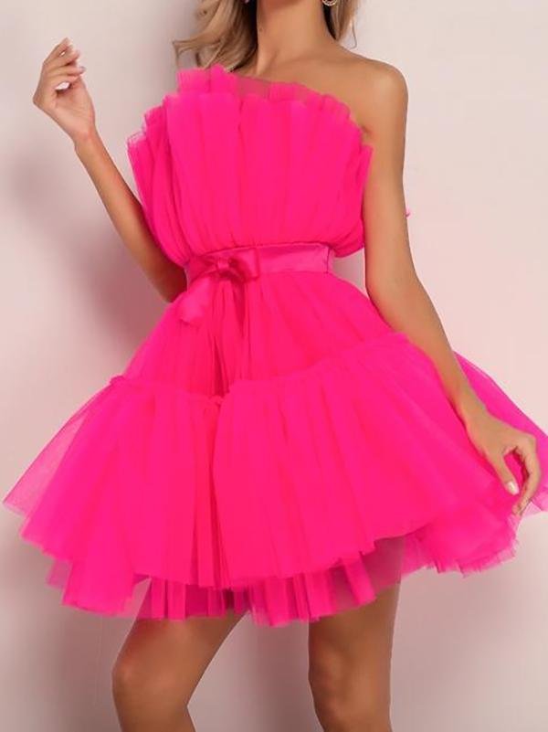 Bow Front Layered Mesh Tube Dress - LuckyFash™