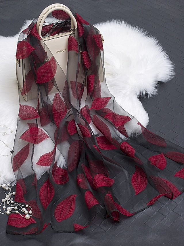 Multicolor Leaf Embroidery Scarf Female Spring Summer Autumn Sunscreen Headscarf Fashion Thin Scarf Shawl Dual-use Long Beach Towel - LuckyFash™