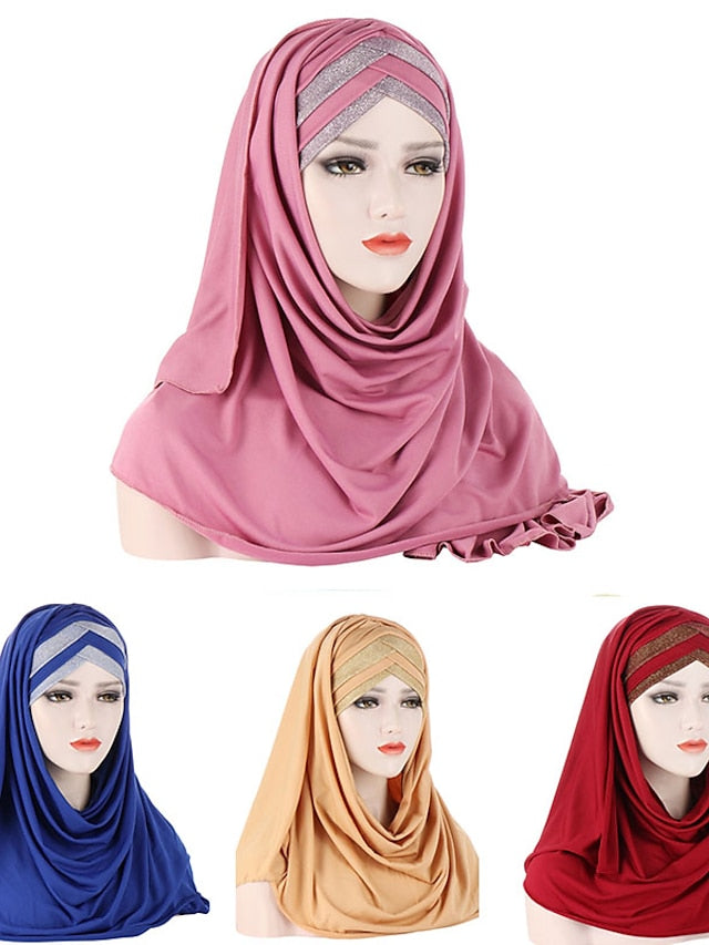 Forehead Cross Hair Wrap Scarf Solid Color Glitter Sequins Jersey Hijabs Muslim Headband Women Turban Hair Cap Headscarf - LuckyFash™