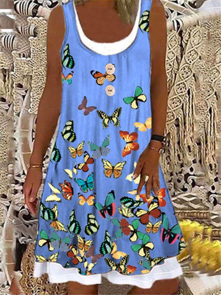 Butterfly Print Sleeveless Loose A-line Skirt - LuckyFash™