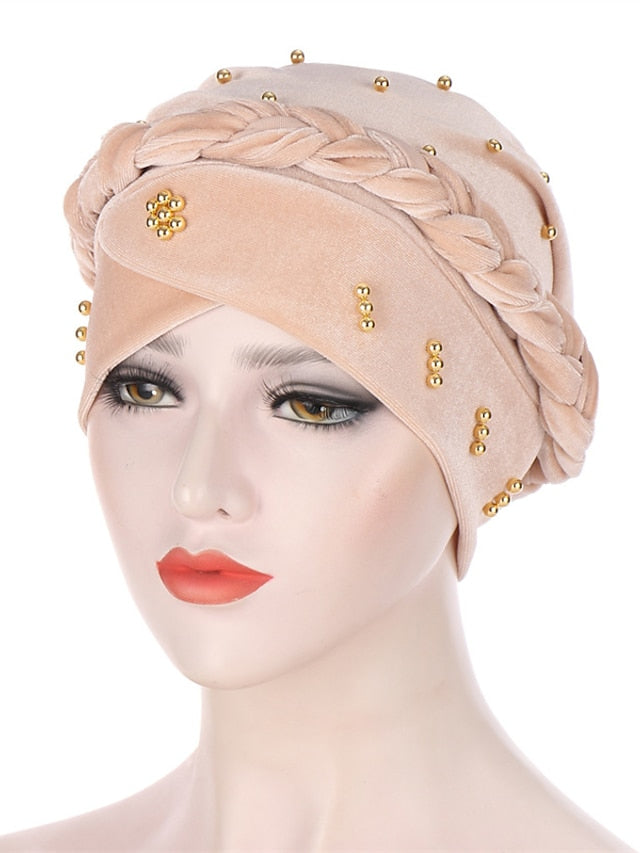 Retro Lady Women Beaded Hat Muslim Braid Head Scarf Turban Head Wrap Cover Ramadan Hair Loss Islamic Headwear Arab Fashion - LuckyFash™