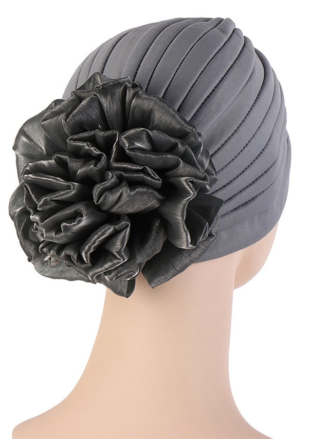 Female Stylish Indian Big Flower Solid Color Turban Hat Comfortable Women Muslim Pullover Hat African Head Wrap Hijab Cap Headwear - LuckyFash™