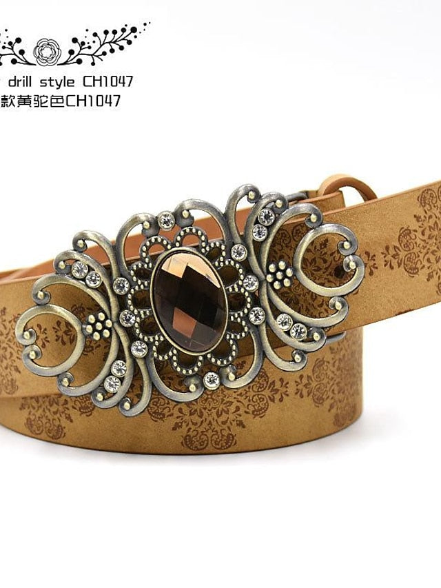 Women's PU Buckle Belt PU Leather Metal Bucke Engraved Crystal Rhinestone Classic Vintage Retro Wedding Party Rhinestone black ch1047 Rhinestone yellow camel ch1067 Rhinestone yellow camel ch1024 - LuckyFash™