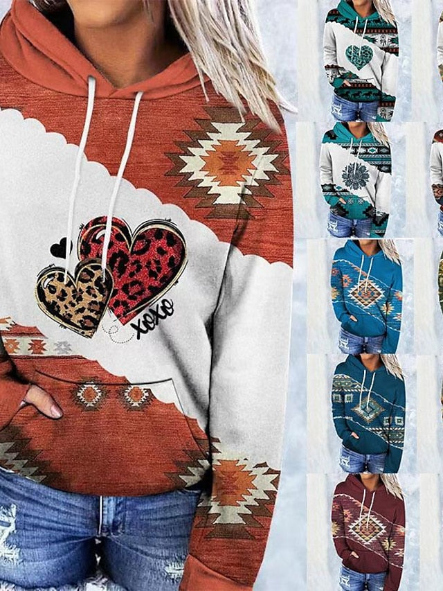 Hoodie Sweatshirt Pullover Ethnic Front Pocket dark brown Gray Green Sea Blue Geometric Street Hoodie Long Sleeve for Women - LuckyFash™