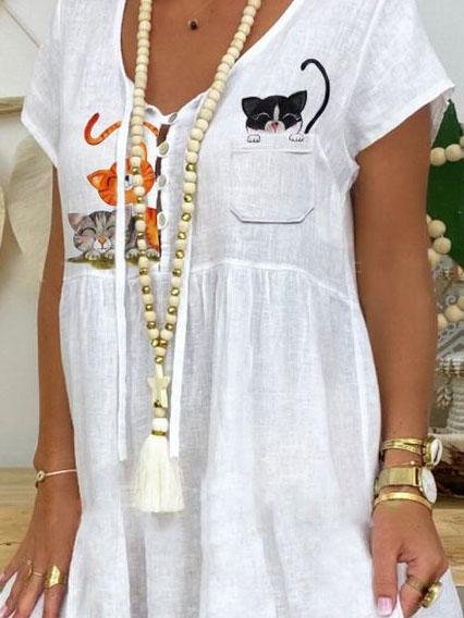 Casual Cartoon Cat Print Short Dress - LuckyFash™