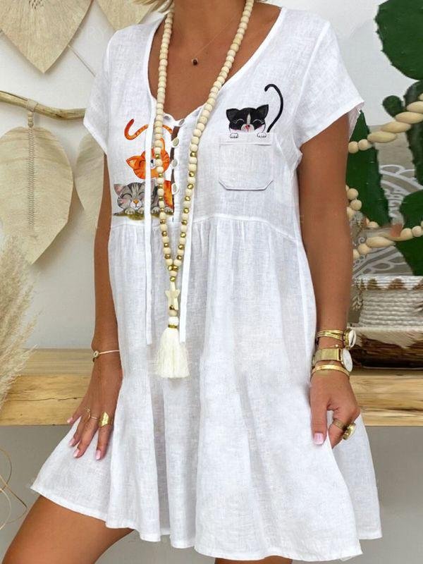 Casual Cartoon Cat Print Short Dress - LuckyFash™