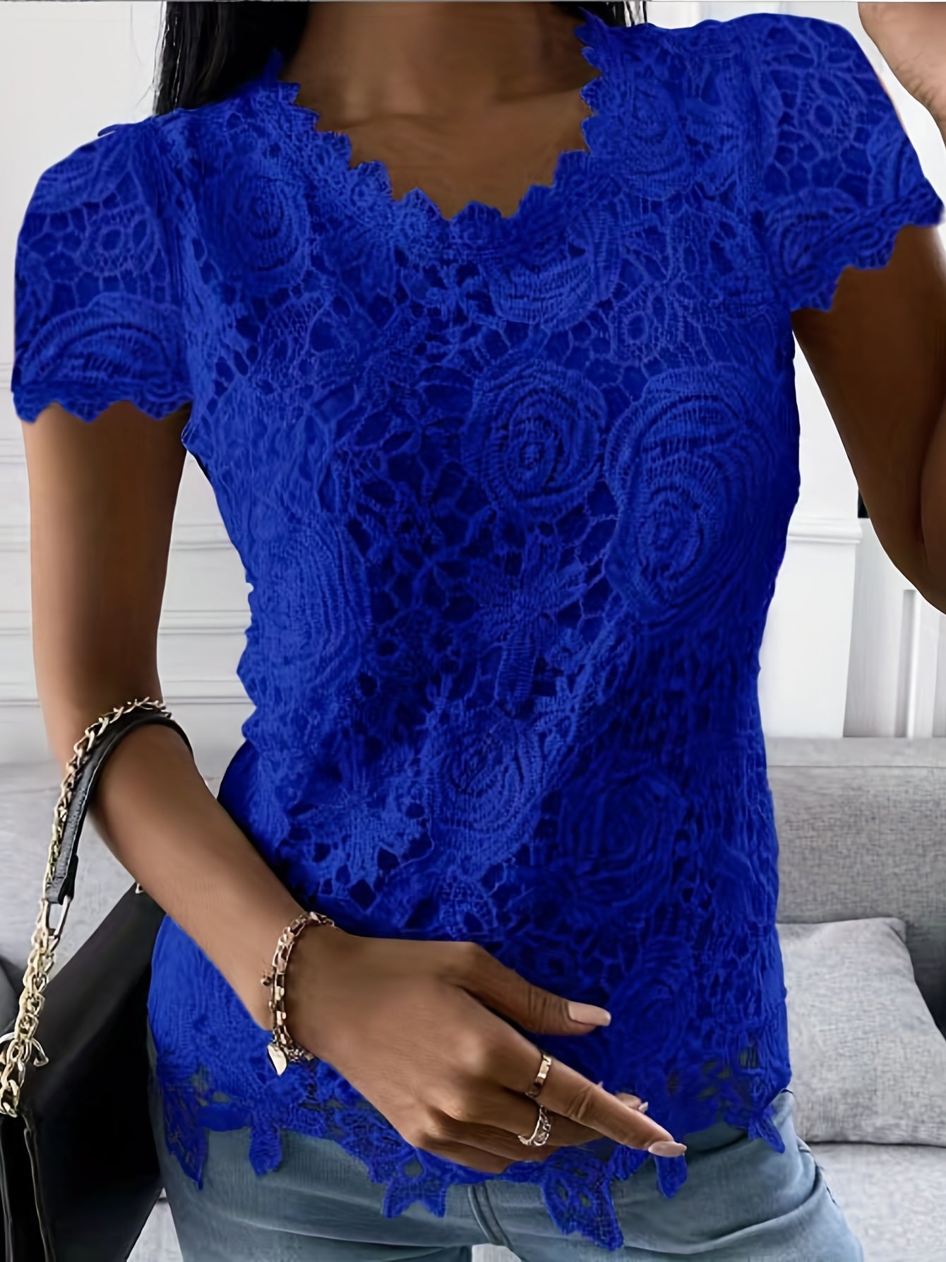 Lace Crew Neck T-Shirt, Elegant Short Sleeve T-Shirt For Spring & Summer, Women's Clothing