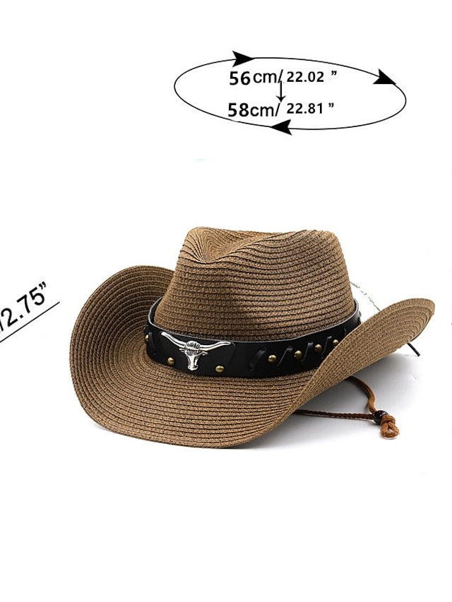 Ethnic Style Hat Cowboy Men Straw Panama Hat Belt Cow Decorate Wide Brimmed Hats For Summer Khaki Women Hat New Arrival - LuckyFash™