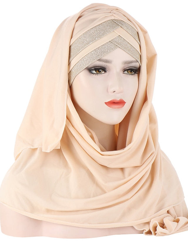 Forehead Cross Hair Wrap Scarf Solid Color Glitter Sequins Jersey Hijabs Muslim Headband Women Turban Hair Cap Headscarf - LuckyFash™