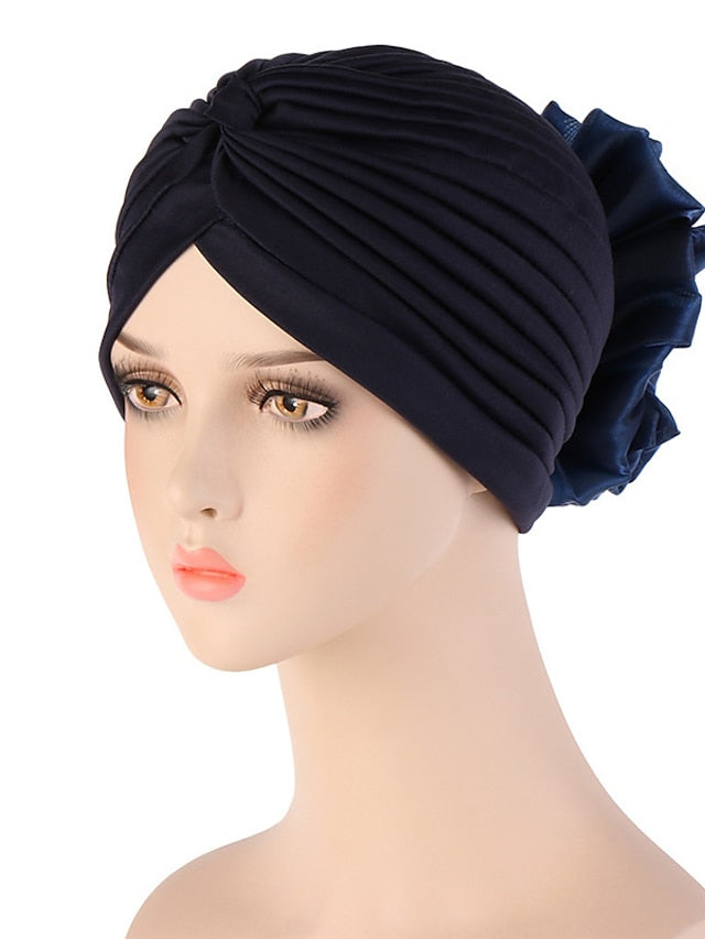 Female Stylish Indian Big Flower Solid Color Turban Hat Comfortable Women Muslim Pullover Hat African Head Wrap Hijab Cap Headwear - LuckyFash™