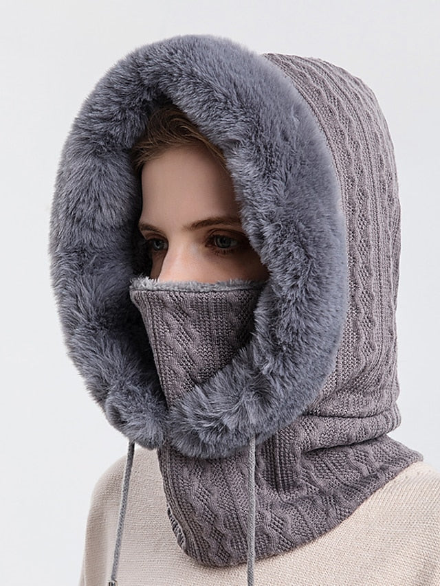 High Quality Winter Fur Cap Mask Set Hooded for Women Knitted Cashmere Neck Warm Outdoor Ski Windproof Hat Thick Plush Fluffy Beanies - LuckyFash™