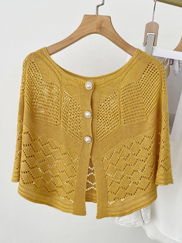 Solid Color Knitted Hollow Shawl Women's Summer Air-conditioned Elegant Vest with Pearl Button Womens Cape Sunscreen Fake Collar - LuckyFash™