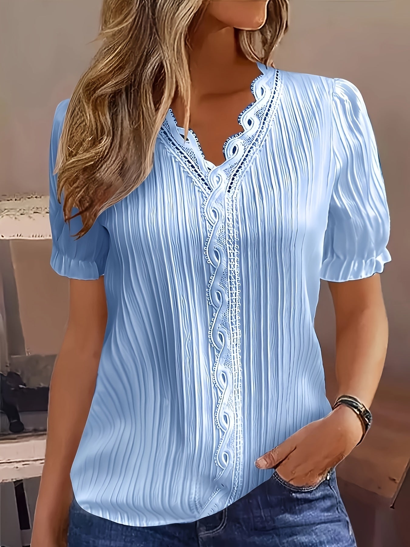 Lace Trim Solid Blouse, Elegant V-neck Short Sleeve Blouse, Women's Clothing
