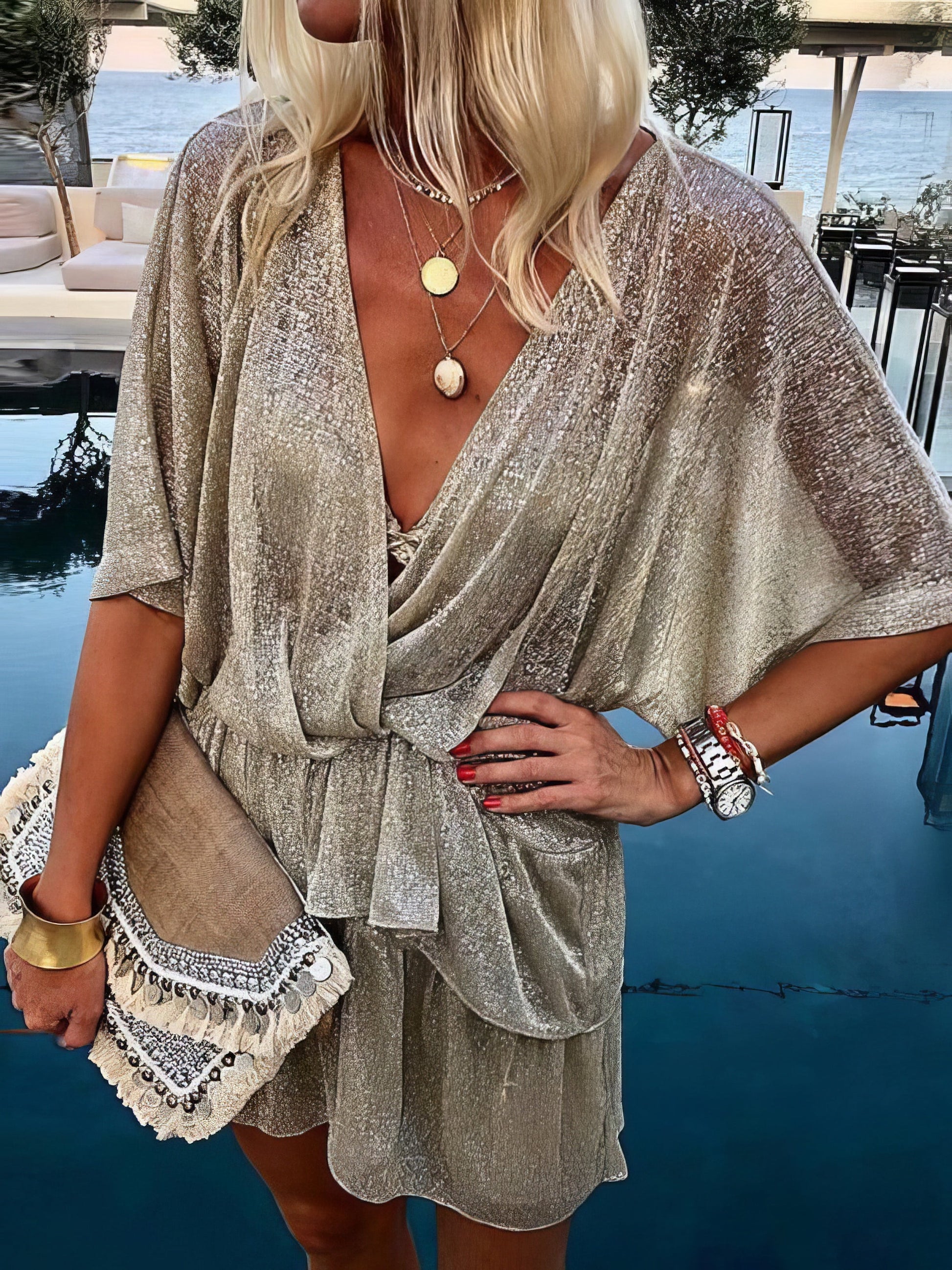 Deep V-Neck Five-Point Sleeve Bright Dress - LuckyFash™