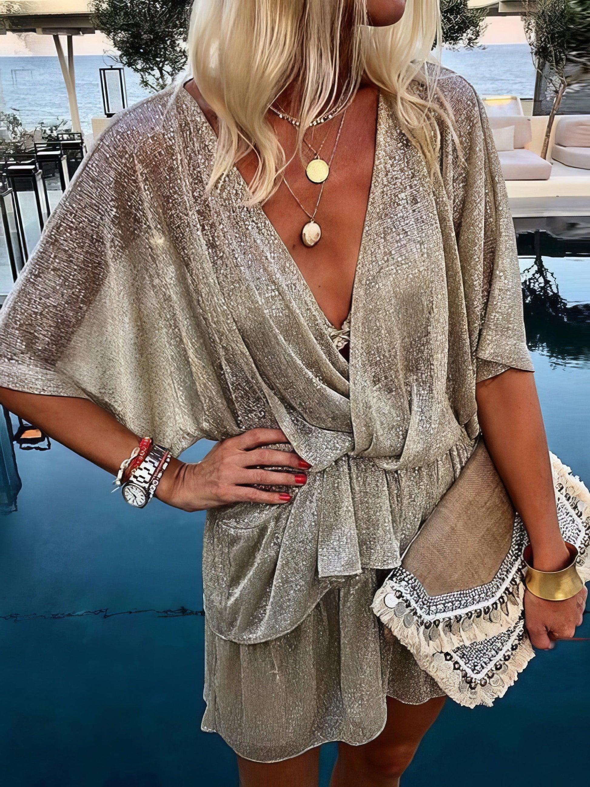 Deep V-Neck Five-Point Sleeve Bright Dress - LuckyFash™