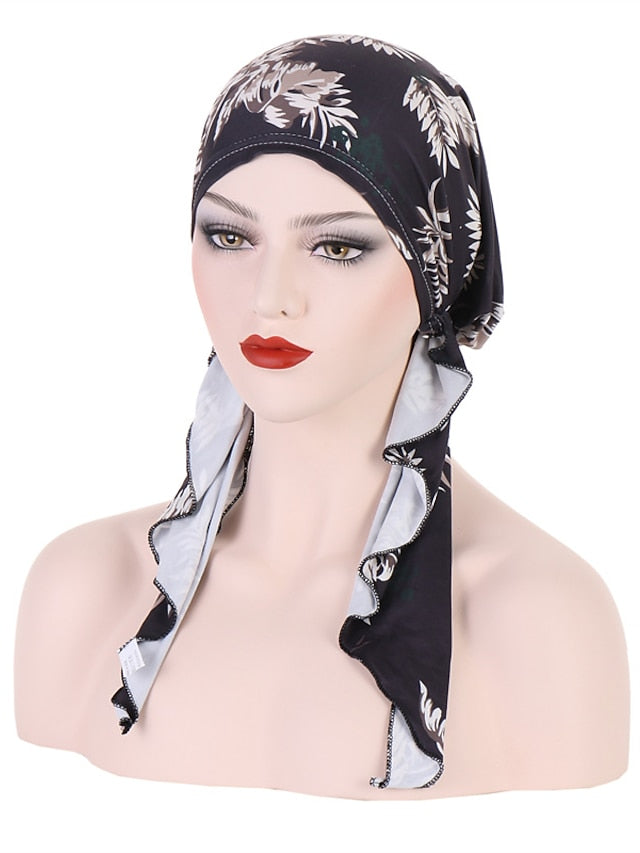 Women Printed Pre-tie Headscarf Elastic Muslim Female Turban Soft Hat Hair Loss Cover Head Wrap Headwear Stretch Bandana - LuckyFash™