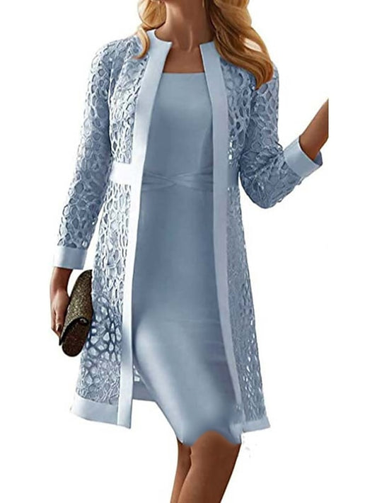 Lace Dress Dress Set Midi Dress Purple Pink Yellow Light Blue Gray Long Sleeve Pure Color Lace Hollow Out Spring Fall Crew Neck Elegant Party Spring Dress  S M L XL XXL 3XL 4XL 5XL for Women - LuckyFash™